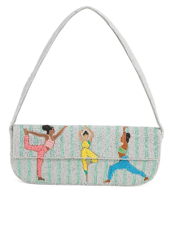 Handbags - Beaded Yoga Pose Shoulder Bag - White with Mint Stripes